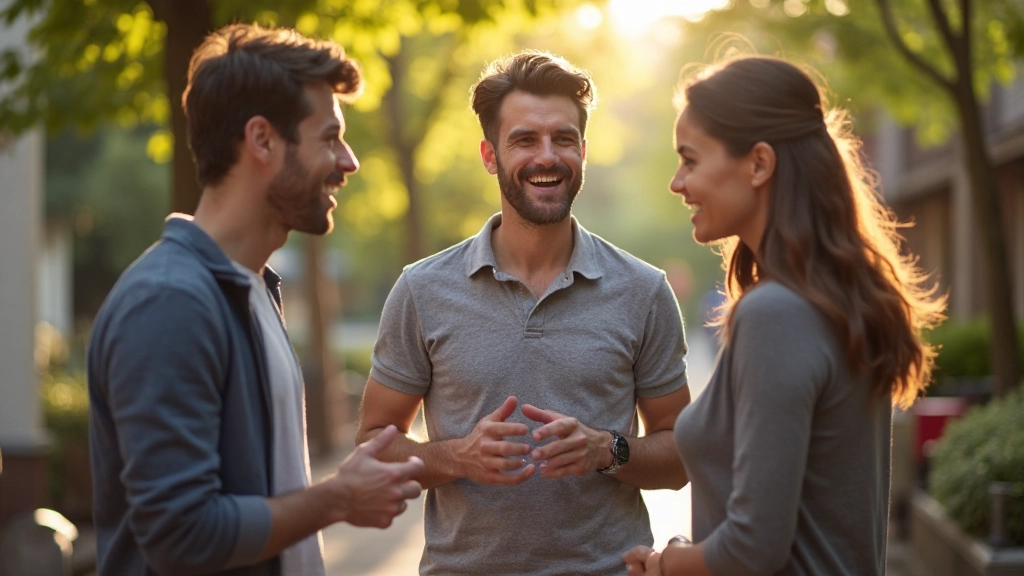 Groep vrienden in informeel gesprek, iemand spreekt, anderen luisteren glimlachend, ontspannen sfeer, terras