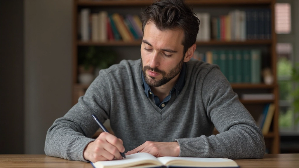 Man zit in bibliotheek met Nederlands leerboek open, notities schrijvend, concentratie zichtbaar