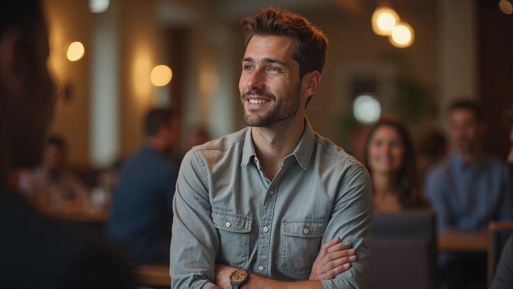 Man voert Nederlands gesprek in gezelschap, zelfvertrouwen uitstralend, levendige communicatie