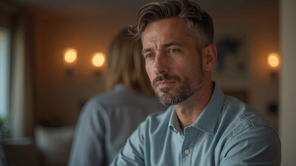 Man en vrouw in gesprek, man luistert aandachtig, vrouw spreekt expressief, beide ontspannen, moderne huiskamer