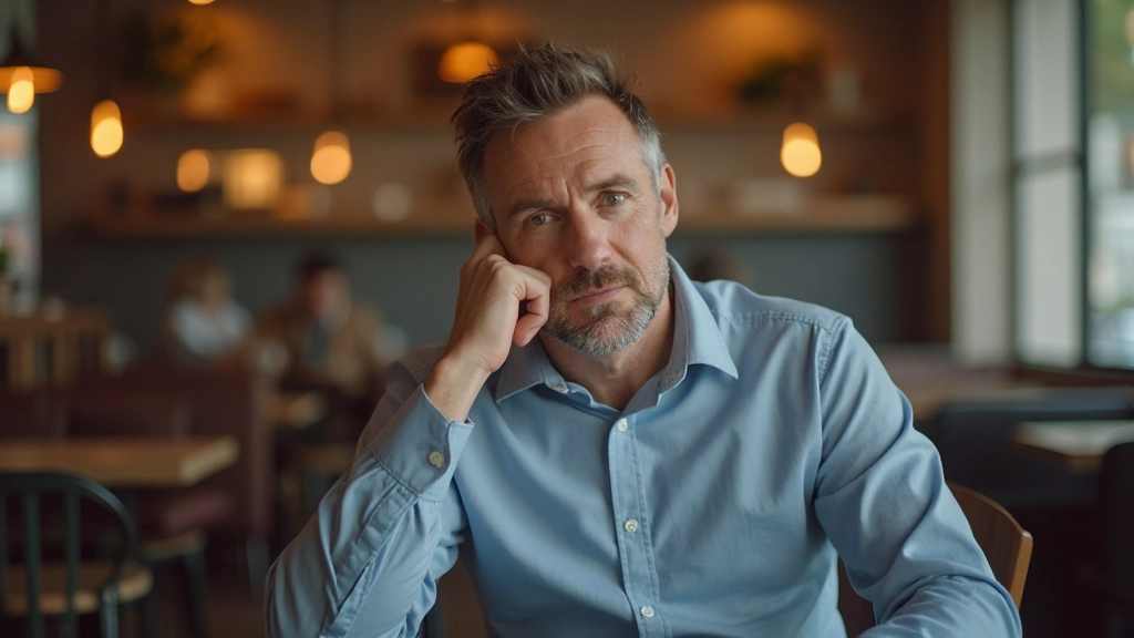 Man in Nederlands café luistert naar gesprek, luisterend houding, concentratie, warm cafélicht