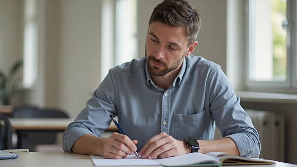 Man aan het schrijven in Nederlands notitieboek, pen in hand, concentratie, studeerkamer