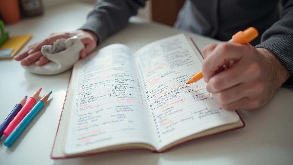 Close-up van Nederlandse grammatica notitieboek met handgeschreven voorbeelden, gekleurde pennen, studeren