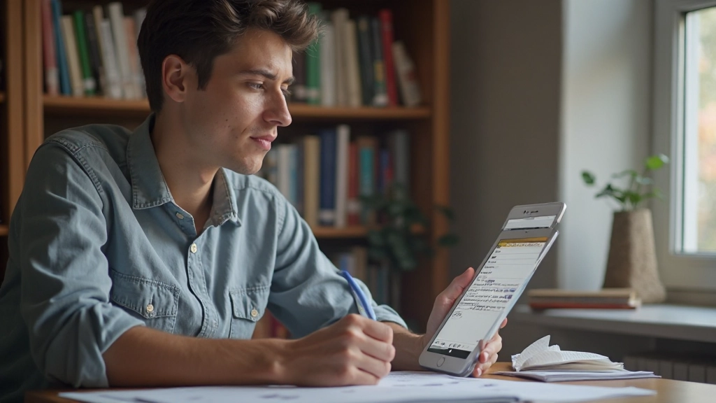 Persoon studeert Nederlandse woordenschat met flashcards en app op tablet, concentratie gezichtsuitdrukking, bibliotheek achtergrond