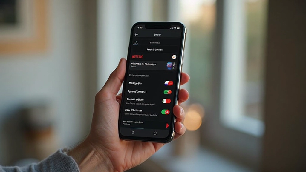 Smartphone met Nederlandse taalinstellingen en Netflix app open met Nederlandse content, donker thema, hand houdt telefoon