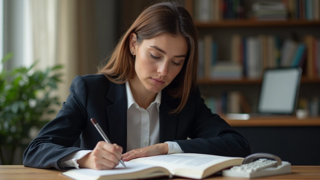 Vrouw studeert Nederlands grammaticaregels aan tafel met boeken en kladblok, geconcentreerd