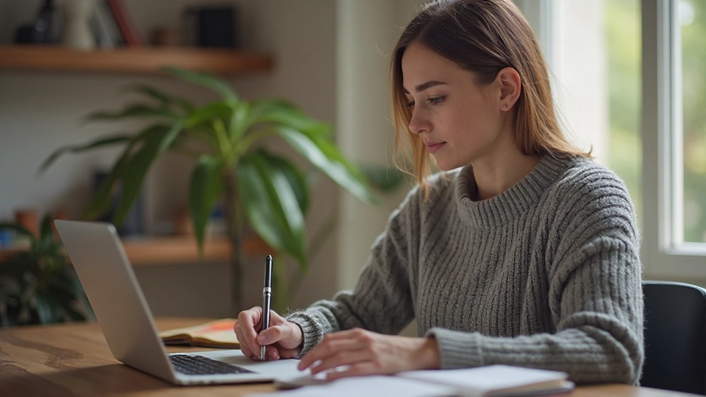 Vrouw oefent Nederlands schrijven met laptop en notitieboek, dagelijkse oefening, vooruitgang