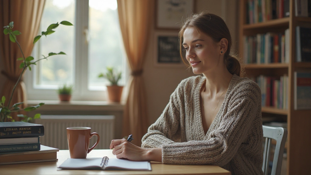 Vrouw zit aan tafel met Nederlands leerboek en notitieblok, koffiemok ernaast, ochtendlicht