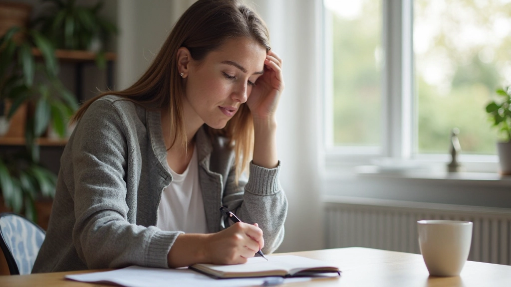 Vrouw schrijft notities in Nederlands, bureau met pen en papier, concentratie, leren