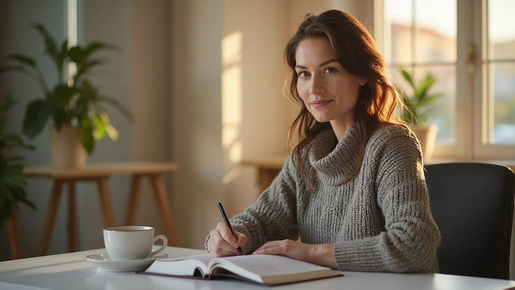 Vrouw studeert Nederlands met leerboek in heldere kamer, kopje thee op tafel, concentratie op gezicht