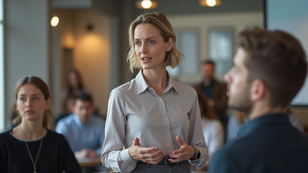 Vrouw spreekt vol vertrouwen in groep, andere mensen luisteren, openbare ruimte, vriendelijke gezichten