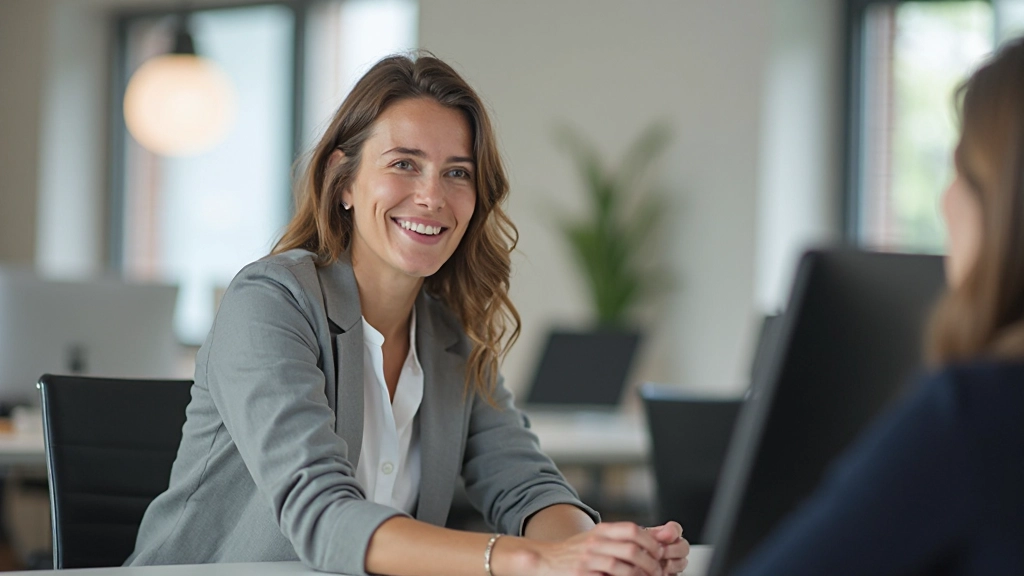 Twee collega's in kantoor aan het praten, beide ontspannen, modern werkoppervlak op achtergrond