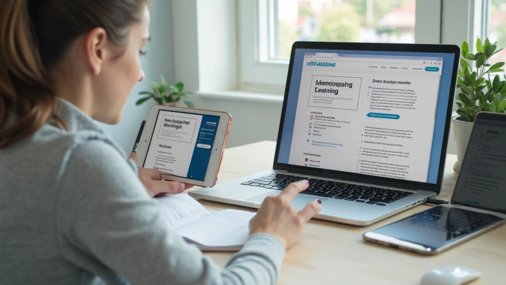 Verschillende apparaten tonen Nederlandse leertools en apps op schermen, desktop en mobiel